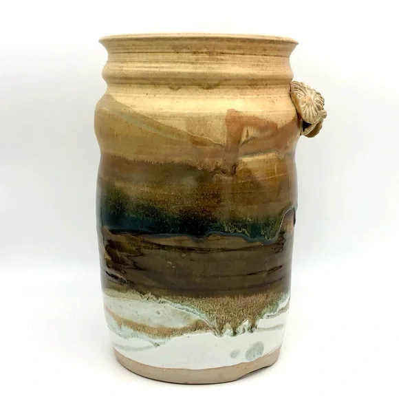 Large Pottery Crock Vase Hand Made Beads On Leather Dangle Applied Floral Relief - Picture 7 of 15